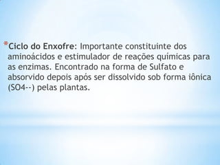 *Ciclo do Enxofre: Importante constituinte dos
aminoácidos e estimulador de reações químicas para
as enzimas. Encontrado na forma de Sulfato e
absorvido depois após ser dissolvido sob forma iônica
(SO4--) pelas plantas.
 
