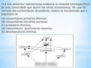 1) A teia alimentar representada evidencia as relações interespecíficas
de uma comunidade que ocorre me vários ecossistemas. No caso da
retirada dos consumidores secundários, espera-se inicialmente que a
população de
(A) consumidores primários diminua.
(B) consumidores terciários aumente.
(C) produtores diminua.
(D) consumidores quartanários aumente.
(E) decompositores diminua.
 