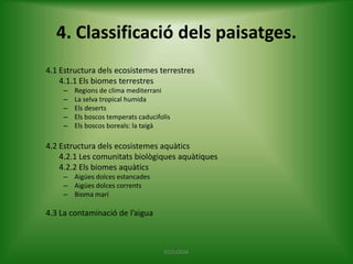 4. Classificació dels paisatges.
4.1 Estructura dels ecosistemes terrestres
4.1.1 Els biomes terrestres
–
–
–
–
–

Regions de clima mediterrani
La selva tropical humida
Els deserts
Els boscos temperats caducifolis
Els boscos boreals: la taigà

4.2 Estructura dels ecosistemes aquàtics
4.2.1 Les comunitats biològiques aquàtiques
4.2.2 Els biomes aquàtics
– Aigües dolces estancades
– Aigües dolces corrents
– Bioma marí

4.3 La contaminació de l’aigua

ECOLOGIA

 