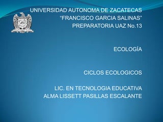 UNIVERSIDAD AUTONOMA DE ZACATECAS
“FRANCISCO GARCIA SALINAS”
PREPARATORIA UAZ No.13

ECOLOGÍA

CICLOS ECOLOGICOS

LIC. EN TECNOLOGIA EDUCATIVA
ALMA LISSETT PASILLAS ESCALANTE

 