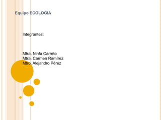 Equipo ECOLOGIA
Integrantes:
Mtra. Ninfa Carreto
Mtra. Carmen Ramírez
Mtro. Alejandro Pérez
 