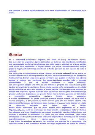 que consume la materia orgánica retenida en la arena, contribuyendo así a la limpieza de la
misma.
El necton
En la comunidad del necton se engloban casi todos los peces y los mamíferos marinos.
Los peces son los organismos típicos del necton, sin duda los más abundantes, vertebrados
que han adoptado una forma hidrodinámica para poder nadar a voluntad por el agua, existen
unos pocos peces demersales, la mayoría planos, que se los considera bentónicos porque
pasan la mayor parte del tiempo posados en el fondo, pero aún así son capaces de nadar a
voluntad.
Los peces solo son abundantes en zonas costeras, en la región oceánica el mar se vuelve un
auténtico desierto vacío de vida puesto que los peces necesitan el alimento que les aportan los
fondos marinos. Existen unos pocos peces hervíboros que pueden aventurarse mar adentro
aunque la mayoría son carnívoros, los peces depredadores abundan más a mayores
profundidades y por las noches ascienden a capas superiores.
Los peces pueden adoptar una forma de vida solitaria o gregaria, este comportamiento puede
cambiar en función de la edad dentor de una misma especie, se ha comprobado que en estado
alevín casi todos los peces son gregarios y forman bancos, conforme crecen se organzan en
bancos más pequeños, algunas especies optan por vivir en solitario pero otras mantinen los
grupos. Los bancos de peces por ser grandes llaman más la atención y pueden ser detectados
y consumidos por mamíferos marinos e incluso barcos pesqueros.
A la hora de reproducirse, los peces optan por producir muchos huevos con poco vitelo o
reserva energética, o por producir no tantos huevos pero con más reserva vitelina, esto
determinará el tiempo que permanecerán estos huevos en el plancton hasta alcanzar un estado
de desarrollo suficiente para formar parte del necton.
Mucho menos numerosos que los peces existen otros organismos en el necton.
Algunos cefalópodos, como los calamares y las jibias también son capaces de nadar a voluntad,
han adoptado una forma hidrodinámica pero nadan a propulsión cuando exhalan el agua que
respiran y mantienen la flotabilidad y el rumbo con sus aletas ondulantes. Todos estos
cefalópodos son depredadores si bien son una fuente importante de alimento para los llamados
supradepredadores, como algunos peces e incluso el hombre.
Y por último los mamíferos marinos son los animales más grandes de la comunidad. Los
rorcuales surcan el Mar Cantábrico durante sus largas migraciones en busca de alimento,
 
