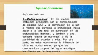 Ciudad Bolívar, 2009 
Tipos de Ecosistema 
Según que medio sea: 
1.- Medios acuáticos: En los medios 
problemas principales son el abastecimiento 
de oxígeno (O2) y la disminución de la luz 
a medida que aumenta la profundidad (hasta 
llegar a la falta total de iluminación en las 
profundidades marinas), y también a una 
escasez relativa de nutrientes, o de la 
posibilidad de acceder a ellos. Por otra 
parte, en estos ecosistemas la influencia del 
clima es mucho menor, ya que las 
características propias del agua amortiguan 
las diferencias de temperatura. 
 