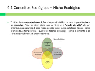 4.1 Conceitos Ecológicos – Nicho Ecológico 
 O nicho é um conjunto de condições em que o indivíduo ou uma população vive e 
se reproduz. Pode se dizer ainda que o nicho é o "modo de vida" de um 
organismo na natureza. E esse modo de vida inclui tanto os fatores físicos - como 
a umidade, a temperatura - quanto os fatores biológicos - como o alimento e os 
seres que se alimentam desse indivíduo. 
 
