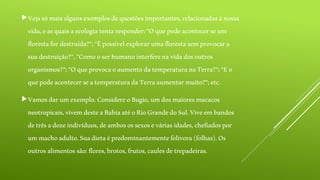 Vejasómaisalgunsexemplosdequestõesimportantes,relacionadasànossa
vida,easquaisaecologiatentaresponder:"Oquepodeacontecerseum
florestafordestruída?";"Épossívelexplorarumaflorestasemprovocara
suadestruição?","Comooserhumanointerferenavidadosoutros
organismos?";"OqueprovocaoaumentodatemperaturanaTerra?";"Eo
quepodeacontecerseatemperaturadaTerraaumentarmuito?";etc.
Vamosdarumexemplo.ConsidereoBugio,umdosmaioresmacacos
neotropicais,vivemdesteaBahiaatéoRioGrandedoSul.Viveembandos
detrêsadozeindivíduos,deambosossexoseváriasidades,chefiadospor
ummachoadulto.Suadietaépredominantementefolívora(folhas).Os
outrosalimentossão:flores,brotos,frutos,caulesdetrepadeiras.
 