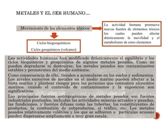 Movimiento de los elementos tóxicos
Ciclos biogeoquímicos
Ciclos geoquímicos (volcanes)
La actividad humana promueve
nuevas fuentes de elementos tóxicos
los cuales pueden afectar
drásticamente la movilidad y el
metabolismo de estos elementos
Las actividades humanas han modificado drásticamente el equilibrio y los
ciclos bioquímicos y geoquímicos de algunos metales pesados. Como no
pueden degradarse ni destruirse, los metales pesados son contaminantes
estables y persistentes del medio ambiente.
Como consecuencia de ello, tienden a acumularse en los suelos y sedimentos.
Los niveles excesivos de metales en el medio marino pueden afectar a la
biota marina y plantear riesgos para las personas que consumen alimentos
marinos. cuando el contenido de contaminantes y la exposición son
significativos.
Las principales fuentes antropogénicas de metales pesados son fuentes
industriales puntuales, incluidas las actividades mineras actuales y pasadas,
las fundiciones, y fuentes difusas como las tuberías, los constituyentes de
productos, la combustión de subproductos, el tráfico, etc. Los metales
pesados relativamente volátiles y los que se adhieren a partículas acuosas
pueden dispersarse ampliamente a muy gran escala.
 