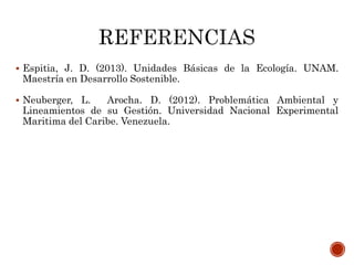  Espitia, J. D. (2013). Unidades Básicas de la Ecología. UNAM.
Maestría en Desarrollo Sostenible.
 Neuberger, L. Arocha. D. (2012). Problemática Ambiental y
Lineamientos de su Gestión. Universidad Nacional Experimental
Maritima del Caribe. Venezuela.
 