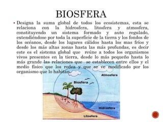  Designa la suma global de todos los ecosistemas, esta se
relaciona con la hidrosfera, litosfera y atmosfera,
constituyendo un sistema formado y auto regulado,
extendiéndose por toda la superficie de la tierra y los fondos de
los océanos, desde los lugares cálidos hasta los mas fríos y
desde los más altas zonas hasta las más profundas, es decir
este es el sistema global que reúne a todos los organismos
vivos presentes en la tierra, desde lo más pequeño hasta lo
más grande las relaciones que se establecen entre ellos y el
medio físico que los rodea y que se ve modificado por los
organismo que lo habitan.
 