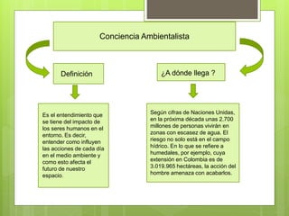 Conciencia Ambientalista
Definición
Es el entendimiento que
se tiene del impacto de
los seres humanos en el
entorno. Es decir,
entender como influyen
las acciones de cada día
en el medio ambiente y
como esto afecta el
futuro de nuestro
espacio.
¿A dónde llega ?
Según cifras de Naciones Unidas,
en la próxima década unas 2.700
millones de personas vivirán en
zonas con escasez de agua. El
riesgo no solo está en el campo
hídrico. En lo que se refiere a
humedales, por ejemplo, cuya
extensión en Colombia es de
3.019.965 hectáreas, la acción del
hombre amenaza con acabarlos.
 