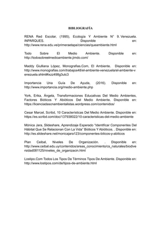 BIBLIOGRAFÍA
RENA Red Escolar, (1995), Ecología Y Ambiente N° 9. Venezuela.
INPARQUES. Disponible en:
http://www.rena.edu.ve/primeraetapa/ciencias/queambiente.html
Todo Sobre El Medio Ambiente. Disponible en:
http://todosobreelmedioambiente.jimdo.com/
Maddy Giulliana López, Monografias.Com, El Ambiente. Disponible en:
http://www.monografias.com/trabajos48/el-ambiente-venezuela/el-ambiente-v
enezuela.shtml#ixzz498g3utc3
Importancia Una Guía De Ayuda, (2016). Disponible en:
http://www.importancia.org/medio-ambiente.php
York, Erika, Ángela, Transformaciones Educativas Del Medio Ambientes,
Factores Bióticos Y Abióticos Del Medio Ambiente. Disponible en:
https://licenciadascnambientalistas.wordpress.com/contenidos/
Cesar Marcel, Scribd, 10 Características Del Medio Ambiente. Disponible en:
https://es.scribd.com/doc/137938022/10-caracteristicas-del-medio-ambiente
Mónica Jara, Slideshare, Aprendizaje Esperado “Identificar Componentes Del
Hábitat Que Se Relacionan Con La Vida” Bióticos Y Abióticos. . Disponible en:
http://es.slideshare.net/monicajara123/componentes-biticos-y-abiticos
Plan Ceibal, Niveles De Organización. . Disponible en:
http://www.ceibal.edu.uy/contenidos/areas_conocimiento/cs_naturales/biodive
rsidad081125/niveles_de_organizacin.html
Lostipo.Com Todos Los Tipos De Términos Tipos De Ambiente. Disponible en:
http://www.lostipos.com/de/tipos-de-ambiente.html
 
