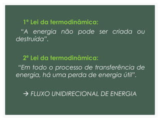 1ª Lei da termodinâmica:
“A energia não pode ser criada ou
destruída”.
2ª Lei da termodinâmica:
“Em todo o processo de transferência de
energia, há uma perda de energia útil”.
 FLUXO UNIDIRECIONAL DE ENERGIA
 