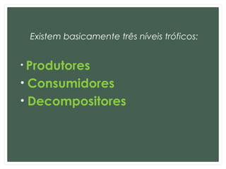 Existem basicamente três níveis tróficos:
• Produtores
• Consumidores
• Decompositores
 