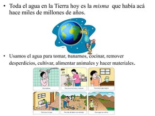 • Toda el agua en la Tierra hoy es la misma que había acá
hace miles de millones de años.
• Usamos el agua para tomar, bañarnos, cocinar, remover
desperdicios, cultivar, alimentar animales y hacer materiales.
 