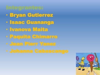 Integrantes:
• Bryan Gutierrez
• Isaac Guananga
• Ivanova Maita
• Paquita Chimarro
• Jean Pierr Yanez
• Johanna Cabascango
 