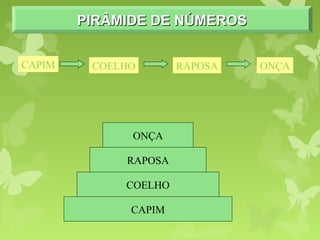 PIRÂMIDE DE NÚMEROSPIRÂMIDE DE NÚMEROSPIRÂMIDE DE NÚMEROSPIRÂMIDE DE NÚMEROS
CAPIM COELHO RAPOSA ONÇA
CAPIM
COELHO
RAPOSA
ONÇA
 