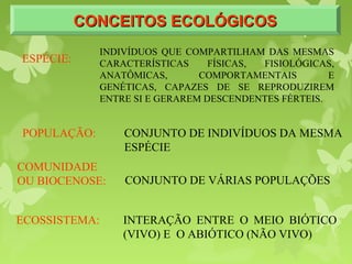 CONCEITOS ECOLÓGICOSCONCEITOS ECOLÓGICOSCONCEITOS ECOLÓGICOSCONCEITOS ECOLÓGICOS
POPULAÇÃO: CONJUNTO DE INDIVÍDUOS DA MESMA
ESPÉCIE
CONJUNTO DE VÁRIAS POPULAÇÕES
INTERAÇÃO ENTRE O MEIO BIÓTICO
(VIVO) E O ABIÓTICO (NÃO VIVO)
COMUNIDADE
OU BIOCENOSE:
ECOSSISTEMA:
ESPÉCIE:
INDIVÍDUOS QUE COMPARTILHAM DAS MESMAS
CARACTERÍSTICAS FÍSICAS, FISIOLÓGICAS,
ANATÔMICAS, COMPORTAMENTAIS E
GENÉTICAS, CAPAZES DE SE REPRODUZIREM
ENTRE SI E GERAREM DESCENDENTES FÉRTEIS.
 