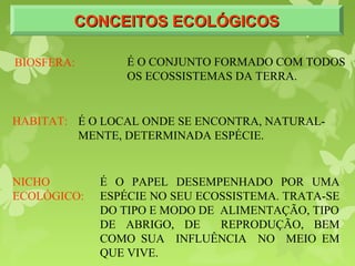 CONCEITOS ECOLÓGICOSCONCEITOS ECOLÓGICOSCONCEITOS ECOLÓGICOSCONCEITOS ECOLÓGICOS
HABITAT: É O LOCAL ONDE SE ENCONTRA, NATURAL-
MENTE, DETERMINADA ESPÉCIE.
NICHO
ECOLÓGICO:
É O PAPEL DESEMPENHADO POR UMA
ESPÉCIE NO SEU ECOSSISTEMA. TRATA-SE
DO TIPO E MODO DE ALIMENTAÇÃO, TIPO
DE ABRIGO, DE REPRODUÇÃO, BEM
COMO SUA INFLUÊNCIA NO MEIO EM
QUE VIVE.
É O CONJUNTO FORMADO COM TODOS
OS ECOSSISTEMAS DA TERRA.
BIOSFERA:
 