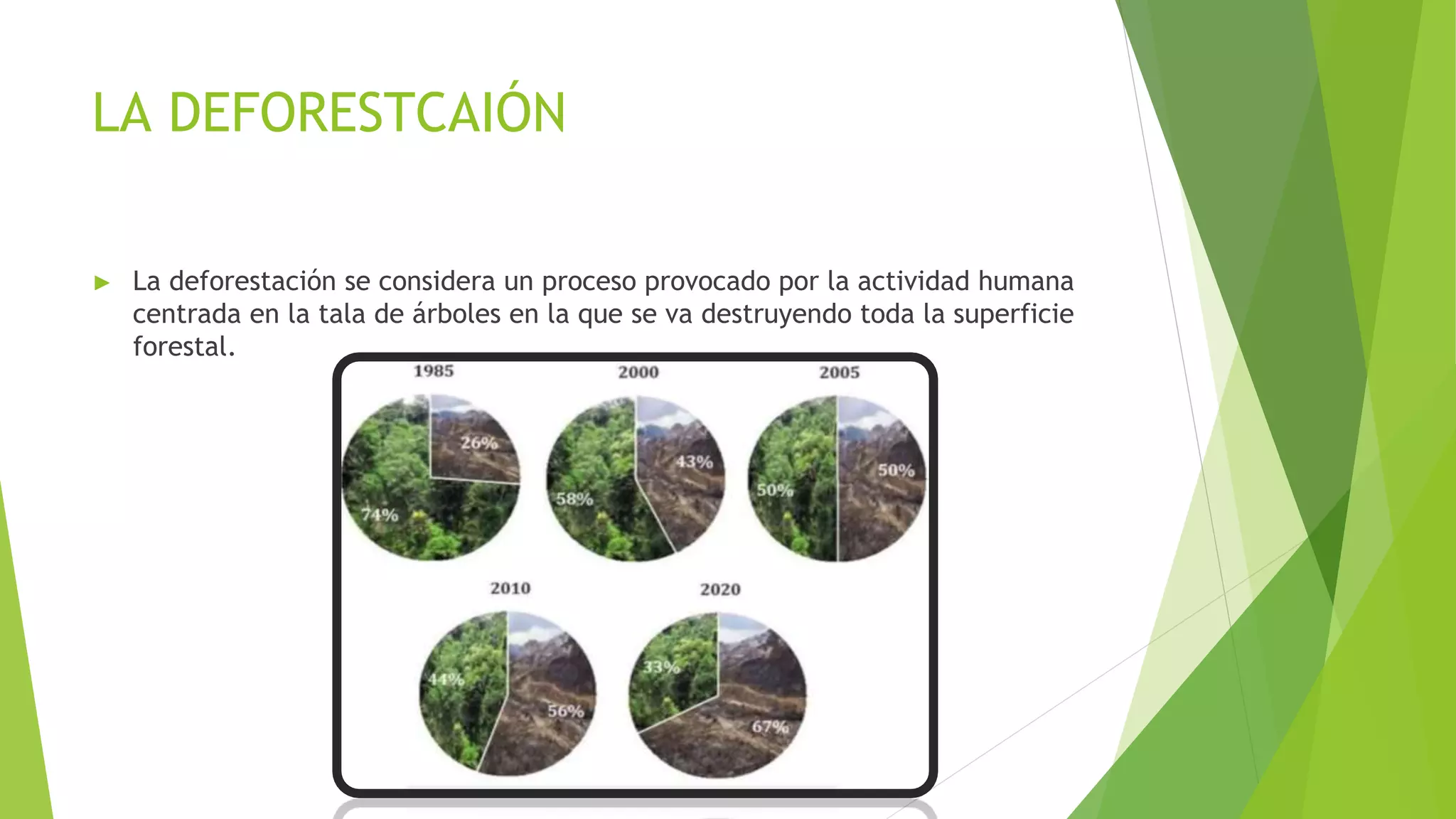 LA DEFORESTCAIÓN
► La deforestación se considera un proceso provocado por la actividad humana
centrada en la tala de árboles en la que se va destruyendo toda la superficie
forestal.