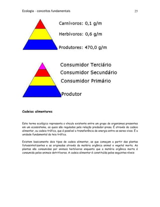 Ecologia – conceitos fundamentais 25
Cadeias alimentares
Este termo ecológico representa o vínculo existente entre um grupo de organismos presentes
em um ecossistema, os quais são regulados pela relação predador-presa. É através da cadeia
alimentar, ou cadeia trófica, que é possível a transferência de energia entre os seres vivos. É a
unidade fundamental da teia trófica.
Existem basicamente dois tipos de cadeia alimentar, as que começam a partir das plantas
fotossintetizantes e as originadas através da matéria orgânica animal e vegetal morta. As
plantas são consumidas por animais herbívoros enquanto que a matéria orgânica morta é
consumida pelos animais detritívoros. A cadeia alimentar é constituída pelos seguintes níveis:
 