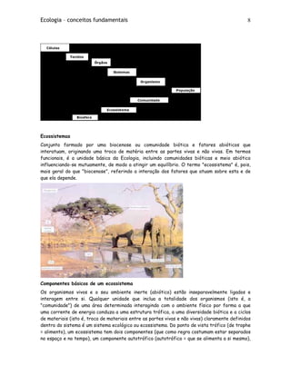 Ecologia – conceitos fundamentais 8
Ecossistemas
Conjunto formado por uma biocenose ou comunidade biótica e fatores abióticos que
interatuam, originando uma troca de matéria entre as partes vivas e não vivas. Em termos
funcionais, é a unidade básica da Ecologia, incluindo comunidades bióticas e meio abiótico
influenciando-se mutuamente, de modo a atingir um equilíbrio. O termo "ecossistema" é, pois,
mais geral do que "biocenose", referindo a interação dos fatores que atuam sobre esta e de
que ela depende.
Componentes básicos de um ecossistema
Os organismos vivos e o seu ambiente inerte (abiótico) estão inseparavelmente ligados e
interagem entre si. Qualquer unidade que inclua a totalidade dos organismos (isto é, a
"comunidade") de uma área determinada interagindo com o ambiente físico por forma a que
uma corrente de energia conduza a uma estrutura trófica, a uma diversidade biótica e a ciclos
de materiais (isto é, troca de materiais entre as partes vivas e não vivas) claramente definidos
dentro do sistema é um sistema ecológico ou ecossistema. Do ponto de vista trófico (de trophe
= alimento), um ecossistema tem dois componentes (que como regra costumam estar separados
no espaço e no tempo), um componente autotrófico (autotrófico = que se alimenta a si mesmo),
 