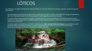 LÓTICOS
son sistemas con aguas que fluyen de manera rápida, en una única dirección. Incluyen cualquier cuerpo de agua en
movimiento.
• Durante todo el recorrido de sus aguas llevan materiales disueltos, es decir, materiales de la carga de sedimentos
que va en disolución (suelen ser iones procedentes del desgaste químico del sustrato).
• Sus aguas tienen cierto grado de turbidez, entendiendo esta como la cantidad de opacidad que tiene, la cual
puede venir determinada por la cantidad arcillas, arenas y barro, bacterias y otros microorganismos o precipitados
químicos que presente.
• Contienen gases atmosféricos y, de hecho, presentan una alta concentración de oxígeno, especialmente en las
zonas de mayor movimiento del agua y cuando la temperatura es menor, ya que con el aumento de la
temperatura del agua disminuye la cantidad de oxígeno disuelto.
 