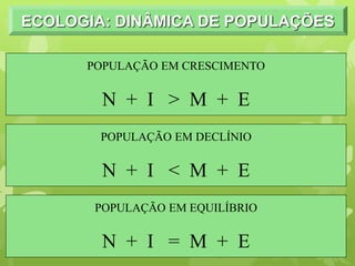 POPULAÇÃO EM CRESCIMENTO
N + I > M + E
POPULAÇÃO EM DECLÍNIO
N + I < M + E
POPULAÇÃO EM EQUILÍBRIO
N + I = M + E
ECOLOGIA: DINÂMICA DE POPULAÇÕES
 