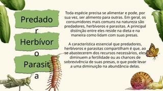 Predado
r
Herbívor
o
Parasit
a
Toda espécie precisa se alimentar e pode, por
sua vez, ser alimento para outras. Em geral, os
consumidores mais comuns na natureza são
predadores, herbívoros e parasitas. A principal
distinção entre eles reside na dieta e na
maneira como lidam com suas presas.
A característica essencial que predadores,
herbívoros e parasitas compartilham é que, ao
se abastecerem dos recursos necessários, eles
diminuem a fertilidade ou as chances de
sobrevivência de suas presas, o que pode levar
a uma diminuição na abundância delas.
 