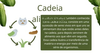 A cadeia alimentar, também conhecida
como cadeia trófica, consiste em uma
sucessão de seres vivos em que uns se
alimentam dos que estão antes deles
na cadeia, para depois servirem de
alimento aos que vêm em seguida.
Essa cadeia ilustra a transferência de
matéria e energia por meio de uma
série de organismos.
Cadeia
alimentar
 