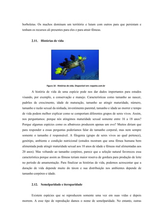 borboletas. Os machos dominam um território e lutam com outros para que persistam e
tenham os recursos ali presentes para eles e para atrair fêmeas.

2.11. Histórias de vida

Figura 16 - Histórias de vida. Disponível em: nopatio.com.br

A história de vida de uma espécie pode nos dar dados importantes para estudos
visando, por exemplo, a conservação e manejo. Características como tamanho ao nascer,
padrões de crescimento, idade de maturação, tamanho ao atingir maturidade, número,
tamanho e razão sexual da ninhada, investimento parental, tamanho e idade ao morrer e tempo
de vida podem melhor explicar como se comportam diferentes grupos de seres vivos. Assim,
nos perguntamos: porque nós atingimos maturidade sexual somente entre 16 a 18 anos?
Porque algumas espécies como os albatrozes produzem apenas um ovo? Muitos diriam que
para responder a essas perguntas poderíamos falar do tamanho corporal, mas nem sempre
somente o tamanho é responsável. A filogenia (grupo de seres vivos ao qual pertence),
genótipo, ambiente e condição nutricional (estudos mostram que uma fêmea humana bem
alimentada pode atingir maturidade sexual aos 10 anos de idade e fêmeas mal alimentadas aos
20 anos). Mas voltando ao tamanho corpóreo, parece que a seleção natural favoreceu essa
característica porque assim as fêmeas teriam maior reserva de gordura para produção de leite
no período de amamentação. Para finalizar as histórias de vida, podemos acrescentar que a
duração de vida depende muito do táxon e sua distribuição nos ambientes depende de
tamanho corpóreo e idade.

2.12. Semelparidade e iteroparidade

Existem espécies que se reproduzem somente uma vez em suas vidas e depois
morrem. A esse tipo de reprodução damos o nome de semelparidade. No entanto, outras

 