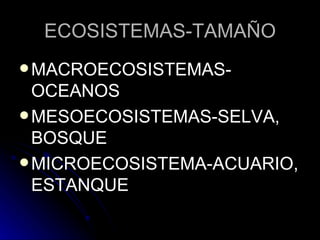 ECOSISTEMAS-TAMAÑO MACROECOSISTEMAS-OCEANOS MESOECOSISTEMAS-SELVA, BOSQUE MICROECOSISTEMA-ACUARIO, ESTANQUE 