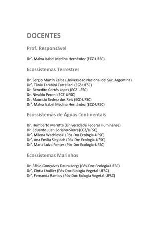DOCENTES
Prof. Responsável
Dra
. Malva Isabel Medina Hernández (ECZ-UFSC)
Ecossistemas Terrestres
Dr. Sergio Martín Zalba (Universidad Nacional del Sur, Argentina)
Dra
. Tânia Tarabini Castellani (ECZ-UFSC)
Dr. Benedito Cortês Lopes (ECZ-UFSC)
Dr. Nivaldo Peroni (ECZ-UFSC)
Dr. Maurício Sedrez dos Reis (ECZ-UFSC)
Dra
. Malva Isabel Medina Hernández (ECZ-UFSC)
Ecossistemas de Águas Continentais
Dr. Humberto Marotta (Universidade Federal Fluminense)
Dr. Eduardo Juan Soriano-Sierra (ECZ/UFSC)
Dra
. Milena Wachlevski (Pós-Doc Ecologia-UFSC)
Dra
. Ana Emília Siegloch (Pós-Doc Ecologia-UFSC)
Dra
. Maria Luiza Fontes (Pós-Doc Ecologia-UFSC)
Ecossistemas Marinhos
Dr. Fábio Gonçalves Daura-Jorge (Pós-Doc Ecologia-UFSC)
Dra
. Cintia Lhullier (Pós-Doc Biologia Vegetal-UFSC)
Dra
. Fernanda Ramlov (Pós-Doc Biologia Vegetal-UFSC)
 