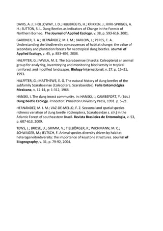 DAVIS, A. J.; HOLLOWAY, J. D.; HUIJBREGTS, H.; KRIKKEN, J.; KIRK-SPRIGGS, A.
H.; SUTTON, S. L. Dung Beetles as Indicators of Change in the Forests of
Northern Borneo. The Journal of Applied Ecology, v. 38, p. 593-616, 2001.
GARDNER, T. A.; HERNÁNDEZ, M. I. M.; BARLOW, J.; PERES, C. A.
Understanding the biodiversity consequences of habitat change: the value of
secondary and plantation forests for neotropical dung beetles. Journal of
Applied Ecology, v. 45, p. 883–893, 2008.
HALFFTER, G.; FAVILA, M. E. The Scarabaeinae (Insecta: Coleoptera) an animal
group for analyzing, inventorying and monitoring biodiversity in tropical
rainforest and modiﬁed landscapes. Biology International, v. 27, p. 15–21,
1993.
HALFFTER, G.; MATTHEWS, E. G. The natural history of dung beetles of the
subfamily Scarabaeinae (Coleoptera, Scarabaeidae). Folia Entomológica
Mexicana, v. 12-14, p: 1-312, 1966.
HANSKI, I. The dung insect community. In: HANSKI, I.; CAMBEFORT, Y. (Eds.)
Dung Beetle Ecology. Princeton: Princeton University Press, 1991. p. 5-21.
HERNÁNDEZ, M. I. M.; VAZ-DE-MELLO, F. Z. Seasonal and spatial species
richness variation of dung beetle (Coleoptera, Scarabaeidae s. str.) in the
Atlantic Forest of southeastern Brazil. Revista Brasileira de Entomologia, v. 53,
p. 607-613, 2009.
TEWS, J.; BROSE, U.; GRIMM, V.; TIELBÖRGER, K.; WICHMANN, M. C.;
SCHWAGER, M.; JELTSCH, F. Animal species diversity driven by habitat
heterogeneity/diversity: the importance of keystone structures. Journal of
Biogeography, v. 31, p. 79-92, 2004.
 