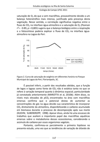 Estudos ecológicos na Ilha de Santa Catarina
Ecologia de Campo UFSC 2011
117
saturação de O2 do que a sem macrófitas, provavelmente devido a um
balanço heterotrófico mais intenso, justificado pela presença desta
vegetação. Nesse sentido, a correlação significativa negativa entre o
fluxo de CO2 na interface água-atmosfera e a saturação de O2 (Pearson
r²= - 0.89; p = 0,005) sugeriu que o balanço biológico entre a respiração
e a fotossíntese poderia explicar o fluxo de CO2 na interface água-
atmosfera na Lagoa do Peri.
tempo (horas)
9h45 11h45 15h10 16h40 20h20
%desaturaçãodeO2
60
70
80
90
100
110
sem macrófitas
com macrófitas
Figura 2. Curva de saturação de oxigênio em diferentes horário no Parque
Municipal da Lagoa do Peri, Florianópolis, SC.
É possível inferir, a partir dos resultados obtidos, que a função
de lagos e lagoas como fonte de CO2 não é estático tanto no que se
refere à variação temporal quanto à dinâmica espacial, particularidade
já constatada anteriormente (MAROTTA et al, 2010b). Além disso, os
níveis mais elevados de pCO2 encontrados na área com macrófitas
emersas confirma que o potencial destas de aumentar as
concentrações do gás na água devido sua característica de incorporar
CO2 diretamente da atmosfera, disponibilizando o carbono acumulado
em biomassa durante o processo de decomposição após sua morte
(KUEHN; SUBERKROPP, 1998). Apesar disso, ainda há uma escassez de
trabalhos que avaliem o importante papel das macrófitas aquáticas
emersas sobre o metabolismo desses ecossistemas, considerando o
acúmulo de carbono por esses organismos vegetais.
Portanto, confirmou-se parcialmente a primeira hipótese no
presente estudo, uma vez que as tendências de variação de dióxido de
 