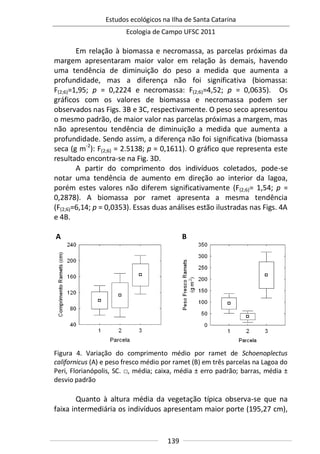 Estudos ecológicos na Ilha de Santa Catarina
Ecologia de Campo UFSC 2011
139
Em relação à biomassa e necromassa, as parcelas próximas da
margem apresentaram maior valor em relação às demais, havendo
uma tendência de diminuição do peso a medida que aumenta a
profundidade, mas a diferença não foi significativa (biomassa:
F(2;6)=1,95; p = 0,2224 e necromassa: F(2;6)=4,52; p = 0,0635). Os
gráficos com os valores de biomassa e necromassa podem ser
observados nas Figs. 3B e 3C, respectivamente. O peso seco apresentou
o mesmo padrão, de maior valor nas parcelas próximas a margem, mas
não apresentou tendência de diminuição a medida que aumenta a
profundidade. Sendo assim, a diferença não foi significativa (biomassa
seca (g m-2
): F(2;6) = 2.5138; p = 0,1611). O gráfico que representa este
resultado encontra-se na Fig. 3D.
A partir do comprimento dos indivíduos coletados, pode-se
notar uma tendência de aumento em direção ao interior da lagoa,
porém estes valores não diferem significativamente (F(2;6)= 1,54; p =
0,2878). A biomassa por ramet apresenta a mesma tendência
(F(2;6)=6,14; p = 0,0353). Essas duas análises estão ilustradas nas Figs. 4A
e 4B.
A B
Figura 4. Variação do comprimento médio por ramet de Schoenoplectus
californicus (A) e peso fresco médio por ramet (B) em três parcelas na Lagoa do
Peri, Florianópolis, SC. □, média; caixa, média ± erro padrão; barras, média ±
desvio padrão
Quanto à altura média da vegetação típica observa-se que na
faixa intermediária os indivíduos apresentam maior porte (195,27 cm),
 