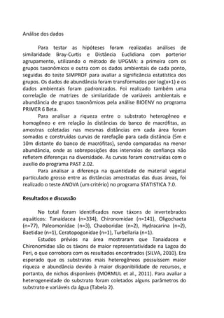 Análise dos dados
Para testar as hipóteses foram realizadas análises de
similaridade Bray-Curtis e Distância Euclidiana com porterior
agrupamento, utilizando o método de UPGMA: a primeira com os
grupos taxonômicos e outra com os dados ambientais de cada ponto,
seguidas do teste SIMPROF para avaliar a significância estatística dos
grupos. Os dados de abundância foram transformados por log(x+1) e os
dados ambientais foram padronizados. Foi realizado também uma
correlação de matrizes de similaridade de variáveis ambientais e
abundância de grupos taxonômicos pela análise BIOENV no programa
PRIMER 6 Beta.
Para analisar a riqueza entre o substrato heterogêneo e
homogêneo e em relação às distâncias do banco de macrófitas, as
amostras coletadas nas mesmas distâncias em cada área foram
somadas e construídas curvas de rarefação para cada distância (5m e
10m distante do banco de macrófitas), sendo comparadas na menor
abundância, onde as sobreposições dos intervalos de confiança não
refletem diferenças na diversidade. As curvas foram construídas com o
auxílio do programa PAST 2.02.
Para analisar a diferença na quantidade de material vegetal
particulado grosso entre as distâncias amostradas das duas áreas, foi
realizado o teste ANOVA (um critério) no programa STATISTICA 7.0.
Resultados e discussão
No total foram identificados nove táxons de invertebrados
aquáticos: Tanaidacea (n=334), Chironomidae (n=141), Oligochaeta
(n=77), Paleomonidae (n=3), Chaoboridae (n=2), Hydracarina (n=2),
Baetidae (n=1), Ceratopogonidae (n=1), Turbellaria (n=1).
Estudos prévios na área mostraram que Tanaidacea e
Chironomidae são os táxons de maior representatividade na Lagoa do
Peri, o que corrobora com os resultados encontrados (SILVA, 2010). Era
esperado que os substratos mais heterogêneos possuíssem maior
riqueza e abundância devido à maior disponibilidade de recursos, e
portanto, de nichos disponíveis (MORMUL et al., 2011). Para avaliar a
heterogeneidade do substrato foram coletados alguns parâmetros do
substrato e variáveis da água (Tabela 2).
 