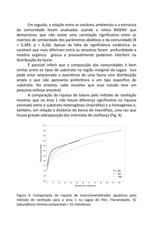 Em seguida, a relação entre as variáveis ambientais e a estrutura
da comunidade foram analisadas usando a rotina BIOENV que
demonstrou que não existe uma correlação significativa entre as
matrizes de similaridade dos parâmetros abióticos e da comunidade (R
= 0,389; p = 0,26). Apesar da falta de significância estátistica, as
variáveis que mais diferiram entre as amostras foram profundidade e
matéria orgânica grossa e provavelmente poderiam interferir na
distribuição da fauna.
É possível inferir que a composição das comunidades é bem
similar entre os tipos de substrato na região marginal da Lagoa. Isso
pode estar relacionado a ocorrência de uma fauna com distribuição
ampla e que não apresenta preferência a um tipo específico de
substrato. No entanto, cabe ressaltar que esse estudo teve um
pequeno esforço amostral.
A comparação da riqueza de táxons pelo método de rarefação
mostrou que na área 1 não houve diferença significativa na riqueza
estimada entre o substrato heterogêneo (macrófita) e o homogêneo e,
também, em relação à distância do banco de macrófitas, uma vez que
houve grande sobreposição dos intervalos de confiança (Fig. 4).
1 11 21 31 41 51 61 71 81 91 101 111 121
Número de indivíduos
0,0
0,5
1,0
1,5
2,0
2,5
3,0
3,5
4,0
4,5
5,0
5,5
Riquezaestimada
0m
5m
10m
Figura 4. Comparação da riqueza de macroinvertebrados aquáticos pelo
método de rarefação para a área 1 na Lagoa do Peri, Florianópolis, SC
(abundância mínima comparável = 55 indivíduos)
 