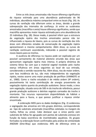 Entre as três áreas amostradas não houve diferença significativa
da riqueza estimada para uma abundância padronizada de 96
indivíduos, abundância máxima comparável entre os locais (Fig. 1A). As
curvas de rarefação não diferiram entre as áreas, devido a grande
sobreposição dos intervalos de confiança. Já entre os susbtratos
amostrados (macrófita e areia) houve diferença significativa, sendo que
macrófita apresentou maior riqueza estimada para uma abundância de
25 indivíduos (Fig. 1B). Desse modo, é possível inferir que a estrutura
da vegetação ripária dos trechos amostrados parece não ter
influenciado a riqueza de táxons, pois as curvas de rarefação das três
áreas com diferentes estados de conservação da vegetação ripária
apresentaram o mesmo comportamento. Além disso, as curvas de
rarefação continuam ascendendo, indicando o possível registro de
novos táxons para os trechos.
A ausência de diferença na riqueza pode ser explicada por um
possível carreamento do material alóctone oriundo das áreas que
apresentam vegetação ripária mais intensa. A própria dinâmica do
sistema lótico faz com que o material vegetal recebido pelo riacho
exerça influência em áreas seguintes ao local de sua entrada,
considerando o sentido nascente-foz. Além disso, rios de maior ordem,
com boa incidência de luz, são mais independentes da vegetação
ripária, nestes ocorre uma maior produção de perifíton (VANNOTE et
al., 1980). Como o riacho estudado é de média ordem (4ª ordem),
possivelmente há tanto contribuição de energia proveniente da
vegetação ripária quanto da produção autóctone. Desse modo, a área
sem vegetação, situada cerca de 500 m do trecho de referência, possui
grande produção autócone e detritos vegetais carreados do trecho à
montante. Tais recursos representam disponibilidade de hábitat e
alimento para a fauna, o que parece justificar a riqueza similar
encontrada.
A ordenação MDS para os dados biológicos (Fig. 2) evidenciou
a segregação das amostras em três grupos distintos, correspondendo
ao tipo de substrato amostrado (macrófitas coletadas na margem do
riacho, folhas ou areia). Cabe destacar que o único ponto com
substrato de folhas foi agrupado com pontos de substrato arenoso em
função da baixa ocorrência de invertebrados aquáticos. Os grupos
formados na ordenação foram confirmados pela análise de similaridade
ANOSIM (One-Way) que evidenciou 44% de diferença entre as
 