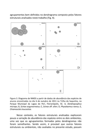 agrupamentos bem definidos no dendrograma composto pelos fatores
estruturais analisados neste trabalho (Fig. 4).
Figura 3. Diagrama de NMDS a partir de dados de abundância das espécies de
anuros encontrados no dia 6 de outubro de 2011 na Trilha do Saquinho, no
Parque Municipal da Lagoa do Peri, Florianópolis, SC. A, Dendropsophus
microps; B, Scinax argyreornatus; C, Scinax aff. alter; D, Physalaemus nanus; E,
Chiamoscleis leucostica.
Nesse contexto, os fatores estruturais analisados explicaram
pouco a variação da abundância das espécies entre os dois ambientes,
uma vez que os agrupamentos formados pelos dendrogramas não
foram semelhantes. Sendo assim, é provável que outros fatores
estruturais ou ambientais, não avaliados no presente estudo, possam
 