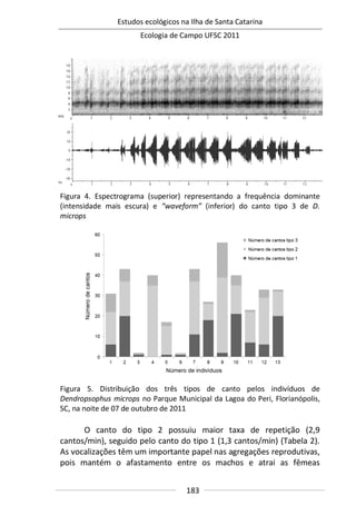 Estudos ecológicos na Ilha de Santa Catarina
Ecologia de Campo UFSC 2011
183
Figura 4. Espectrograma (superior) representando a frequência dominante
(intensidade mais escura) e “waveform” (inferior) do canto tipo 3 de D.
microps
Figura 5. Distribuição dos três tipos de canto pelos indivíduos de
Dendropsophus microps no Parque Municipal da Lagoa do Peri, Florianópolis,
SC, na noite de 07 de outubro de 2011
O canto do tipo 2 possuiu maior taxa de repetição (2,9
cantos/min), seguido pelo canto do tipo 1 (1,3 cantos/min) (Tabela 2).
As vocalizações têm um importante papel nas agregações reprodutivas,
pois mantém o afastamento entre os machos e atrai as fêmeas
 