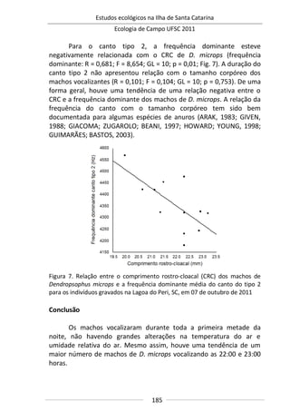 Estudos ecológicos na Ilha de Santa Catarina
Ecologia de Campo UFSC 2011
185
Para o canto tipo 2, a frequência dominante esteve
negativamente relacionada com o CRC de D. microps (frequência
dominante: R = 0,681; F = 8,654; GL = 10; p = 0,01; Fig. 7). A duração do
canto tipo 2 não apresentou relação com o tamanho corpóreo dos
machos vocalizantes (R = 0,101; F = 0,104; GL = 10; p = 0,753). De uma
forma geral, houve uma tendência de uma relação negativa entre o
CRC e a frequência dominante dos machos de D. microps. A relação da
frequência do canto com o tamanho corpóreo tem sido bem
documentada para algumas espécies de anuros (ARAK, 1983; GIVEN,
1988; GIACOMA; ZUGAROLO; BEANI, 1997; HOWARD; YOUNG, 1998;
GUIMARÃES; BASTOS, 2003).
Figura 7. Relação entre o comprimento rostro-cloacal (CRC) dos machos de
Dendropsophus microps e a frequência dominante média do canto do tipo 2
para os indivíduos gravados na Lagoa do Peri, SC, em 07 de outubro de 2011
Conclusão
Os machos vocalizaram durante toda a primeira metade da
noite, não havendo grandes alterações na temperatura do ar e
umidade relativa do ar. Mesmo assim, houve uma tendência de um
maior número de machos de D. microps vocalizando as 22:00 e 23:00
horas.
 
