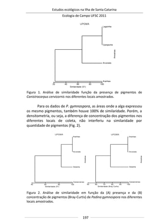 Estudos ecológicos na Ilha de Santa Catarina
Ecologia de Campo UFSC 2011
197
Figura 1. Análise de similaridade função da presença de pigmentos de
Canistrocarpus cervicornis nos diferentes locais amostrados.
Para os dados de P. gymnospora, as áreas onde a alga expressou
os mesmo pigmentos, também houve 100% de similaridade. Porém, a
densitometria, ou seja, a diferença de concentração dos pigmentos nos
diferentes locais de coleta, não interferiu na similaridade por
quantidade de pigmentos (Fig. 2).
Figura 2. Análise de similaridade em função da (A) presença e da (B)
concentração de pigmentos (Bray-Curtis) de Padina gymnospora nos diferentes
locais amostrados.
 