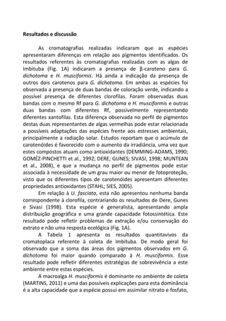 Resultados e discussão
As cromatografias realizadas indicaram que as espécies
apresentaram diferenças em relação aos pigmentos identificados. Os
resultados referentes às cromatografias realizadas com as algas de
Imbituba (Fig. 1A) indicaram a presença de β-caroteno para G.
dichotoma e H. musciformis. Há ainda a indicação da presença de
outros dois carotenos para G. dichotoma. Em ambas as espécies foi
observada a presença de duas bandas de coloração verde, indicando a
possível presença de diferentes clorofilas. Foram observadas duas
bandas com o mesmo Rf para G. dichotoma e H. musciformis e outras
duas bandas com diferentes Rf, possivelmente representando
diferentes xantofilas. Esta diferença observada no perfil de pigmentos
destas duas representantes de algas vermelhas pode estar relacionada
a possíveis adaptações das espécies frente aos estresses ambientais,
principalmente a radiação solar. Estudos reportam que o acúmulo de
carotenóides é favorecido com o aumento da irradiância, uma vez que
estes compostos atuam como antioxidantes (DEMMING-ADAMS, 1990;
GOMÉZ-PINCHETTI et al., 1992; DERE; GUNES; SIVASI, 1998; MUNTEAN
et al., 2008), e que a mudança no perfil de pigmentos pode estar
associada à necessidade de um grau maior ou menor de fotoproteção,
visto que os diferentes tipos de carotenóides apresentam diferentes
propriedades antioxidantes (STAHL; SIES, 2005).
Em relação à U. fasciata, esta não apresentou nenhuma banda
correspondente à clorofila, contrariando os resultados de Dere, Gunes
e Sivasi (1998). Esta espécie é generalista, apresentando ampla
distribuição geográfica e uma grande capacidade fotossintética. Este
resultado pode refletir problemas de extração e/ou conservação do
extrato e não uma resposta ecológica (Fig. 1A).
A Tabela 1 apresenta os resultados quantitavivos da
cromatoplaca referente à coleta de Imbituba. De modo geral foi
observado que a soma das áreas dos pigmentos observados em G.
dichotoma foi maior quando comparado à H. musciformis. Esse
resultado pode refletir diferentes estratégias de sobrevivência a este
ambiente entre estas espécies.
A macroalga H. musciformis é dominante no ambiente de coleta
(MARTINS, 2011) e uma das possíveis explicações para esta dominância
é a alta capacidade que a espécie possui em assimilar nitrato e fosfato,
 