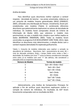 Estudos ecológicos na Ilha de Santa Catarina
Ecologia de Campo UFSC 2011
213
Análise de dados
Para identificar quais descritores melhor explicam a variável
resposta - densidade de tatuíras - nas praias amostradas, elaborou-se
um conjunto de modelos lineares generalizados (MLG) (CRAWLEY,
2007), utilizando uma distribuição de Poisson. Inicialmente, foram pré-
estabelecidos sete modelos (Tabela 1) combinando diferentes
descritores que potencialmente explicariam os valores de densidade de
indivíduos. Os modelos foram comparados através do Critério de
Informação de Akaike (AIC), que seleciona o modelo mais
parcimonioso, ou seja, o modelo mais simples e que melhor explica os
dados (BURNHAM; ANDERSON, 2002). Todos os modelos foram
construídos no programa R (R DEVELOPMENT CORE TEAM, 2011). Após
identificar os descritores mais determinantes, a relação destes com a
variável resposta (densidade) foi explorada graficamente.
Tabela 1. Conjunto de modelos elaborados para explicar a variação na
abundância de indivíduos. Descritores: Sed = granulometria da areia, Alt =
nível de alteração antrópica, Onda = tempo médio entre ondas e Decl =
declividade. Os modelos com sinal “*” entre os fatores consideraram interação
entre estes; já os modelos com sinal “+” são aditivos, não consideram a
interação entre os respectivos descritores.
Número do Modelo Termos do modelo
1 Sed + Alt + Onda + Decl
2 Sed + Alt + Decl
3 Sed + Alt + Onda
4 Sed + Onda
5 Alt + Onda
6 Sed * Alt * Onda
7 Sed * Alt + Onda
Adicionalmente, uma Análise de Componentes Principais foi
aplicada a fim de verificar quais descritores explicavam melhor a
variação do número de indivíduos. Os resultados da ACP foram
brevemente comparados com os resultados da MLG.
 