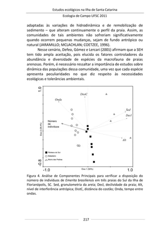 Estudos ecológicos na Ilha de Santa Catarina
Ecologia de Campo UFSC 2011
217
adaptadas às variações de hidrodinâmica e de remobilização de
sedimento – que alteram continuamente o perfil da praia. Assim, as
comunidades de tais ambientes não sofreriam significativamente
quando ocorrem pequenas mudanças, sejam de fundo antrópico ou
natural (JARAMILLO; MCLACHLAN; COETZEE, 1996).
Nesse cenário, Defeo, Gómez e Lercari (2001) afirmam que a SEH
tem tido ampla aceitação, pois elucida os fatores controladores da
abundância e diversidade de espécies da macrofauna de praias
arenosas. Porém, é necessário ressaltar a importância de estudos sobre
dinâmica das populações dessa comunidade, uma vez que cada espécie
apresenta peculiaridades no que diz respeito às necessidades
ecológicas e tolerâncias ambientais.
Figura 4. Análise de Componentes Principais para verificar a disposição do
número de indivíduos de Emerita brasiliensis em três praias do Sul da Ilha de
Florianópolis, SC. Sed, granulometria da areia; Decl, declividade da praia; Alt,
nível de interferência antrópica; DistC, distância do costão; Onda, tempo entre
ondas.
 