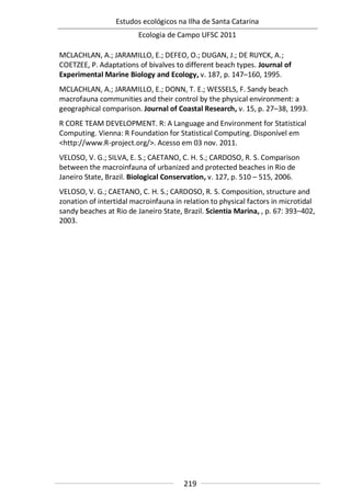Estudos ecológicos na Ilha de Santa Catarina
Ecologia de Campo UFSC 2011
219
MCLACHLAN, A.; JARAMILLO, E.; DEFEO, O.; DUGAN, J.; DE RUYCK, A.;
COETZEE, P. Adaptations of bivalves to different beach types. Journal of
Experimental Marine Biology and Ecology, v. 187, p. 147–160, 1995.
MCLACHLAN, A.; JARAMILLO, E.; DONN, T. E.; WESSELS, F. Sandy beach
macrofauna communities and their control by the physical environment: a
geographical comparison. Journal of Coastal Research, v. 15, p. 27–38, 1993.
R CORE TEAM DEVELOPMENT. R: A Language and Environment for Statistical
Computing. Vienna: R Foundation for Statistical Computing. Disponível em
<http://www.R-project.org/>. Acesso em 03 nov. 2011.
VELOSO, V. G.; SILVA, E. S.; CAETANO, C. H. S.; CARDOSO, R. S. Comparison
between the macroinfauna of urbanized and protected beaches in Rio de
Janeiro State, Brazil. Biological Conservation, v. 127, p. 510 – 515, 2006.
VELOSO, V. G.; CAETANO, C. H. S.; CARDOSO, R. S. Composition, structure and
zonation of intertidal macroinfauna in relation to physical factors in microtidal
sandy beaches at Rio de Janeiro State, Brazil. Scientia Marina, , p. 67: 393–402,
2003.
 