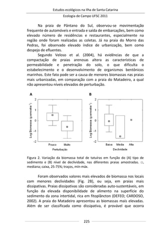 Estudos ecológicos na Ilha de Santa Catarina
Ecologia de Campo UFSC 2011
225
Na praia de Pântano do Sul, observou-se movimentação
frequente de automóveis e entrada e saída de embarcações, bem como
elevado número de residências e restaurantes, especialmente na
região onde foram realizadas as coletas. Já na praia do Morro das
Pedras, foi observado elevado índice de urbanização, bem como
despejo de efluentes.
Segundo Veloso et al. (2004), há evidências de que a
compactação de praias arenosas altera as características de
permeabilidade e penetração do solo, o que dificulta o
estabelecimento e o desenvolvimento de organismos bentônicos
marinhos. Este fato pode ser a causa de menores biomassas nas praias
mais urbanizadas, em comparação com a praia do Matadeiro, a qual
não apresentou níveis elevados de perturbação.
A B
Figura 2. Variação da biomassa total de tatuíras em função do (A) tipo de
sedimento e (B) nível de declividade, nas diferentes praias amostradas. □,
mediana; caixa, 25-75%; traços, mín-máx.
Foram observados valores mais elevados de biomassa nos locais
com menores declividades (Fig. 2B), ou seja, em praias mais
dissipativas. Praias dissipativas são consideradas auto-sustentáveis, em
função da elevada disponibilidade de alimento na superfície do
sedimento da zona intertidal, rica em fitoplâncton (DEFEO; CARDOSO,
2002). A praia do Matadeiro apresentou as biomassas mais elevadas.
Além de ser classificada como dissipativa, é provável que ocorra
 