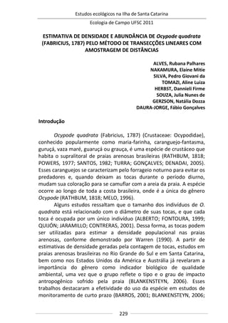 Estudos ecológicos na Ilha de Santa Catarina
Ecologia de Campo UFSC 2011
229
ESTIMATIVA DE DENSIDADE E ABUNDÂNCIA DE Ocypode quadrata
(FABRICIUS, 1787) PELO MÉTODO DE TRANSECÇÕES LINEARES COM
AMOSTRAGEM DE DISTÂNCIAS
ALVES, Rubana Palhares
NAKAMURA, Elaine Mitie
SILVA, Pedro Giovani da
TOMAZI, Aline Luiza
HERBST, Dannieli Firme
SOUZA, Julia Nunes de
GERZSON, Natália Dozza
DAURA-JORGE, Fábio Gonçalves
Introdução
Ocypode quadrata (Fabricius, 1787) (Crustaceae: Ocypodidae),
conhecido popularmente como maria-farinha, caranguejo-fantasma,
guruçá, vaza maré, guaruçá ou grauça, é uma espécie de crustáceo que
habita o supralitoral de praias arenosas brasileiras (RATHBUM, 1818;
POWERS, 1977; SANTOS, 1982; TURRA; GONÇALVES; DENADAI, 2005).
Esses caranguejos se caracterizam pelo forrageio noturno para evitar os
predadores e, quando deixam as tocas durante o período diurno,
mudam sua coloração para se camuflar com a areia da praia. A espécie
ocorre ao longo de toda a costa brasileira, onde é a única do gênero
Ocypode (RATHBUM, 1818; MELO, 1996).
Alguns estudos ressaltam que o tamanho dos indivíduos de O.
quadrata está relacionado com o diâmetro de suas tocas, e que cada
toca é ocupada por um único indivíduo (ALBERTO; FONTOURA, 1999;
QUIJÓN; JARAMILLO; CONTRERAS, 2001). Dessa forma, as tocas podem
ser utilizadas para estimar a densidade populacional nas praias
arenosas, conforme demonstrado por Warren (1990). A partir de
estimativas de densidade geradas pela contagem de tocas, estudos em
praias arenosas brasileiras no Rio Grande do Sul e em Santa Catarina,
bem como nos Estados Unidos da América e Austrália já revelaram a
importância do gênero como indicador biológico de qualidade
ambiental, uma vez que o grupo reflete o tipo e o grau de impacto
antropogênico sofrido pela praia (BLANKENSTEYN, 2006). Esses
trabalhos destacaram a efetividade do uso da espécie em estudos de
monitoramento de curto prazo (BARROS, 2001; BLANKENSTEYN, 2006;
 