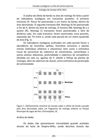 Estudos ecológicos na Ilha de Santa Catarina
Ecologia de Campo UFSC 2011
245
A análise do efeito de borda na área de restinga foi feito a partir
de indicadores ecológicos em transectos paralelos. O primeiro
transecto (P, Pinus) foi posicionado a um metro da borda, dentro da
área desmatada. O segundo transecto (RA, Restinga A) foi posicionado
a 5m de P, dentro da área de restinga. O terceiro (RB, Restinga B) e o
quarto (RC, Restinga C) transectos foram posicionados a 10m de
distância cada. Em cada transecto, foram examinadas cinco parcelas,
separadas por 7m entre si, sendo cada parcela de um metro quadrado
de área (Fig. 1).
Os indicadores ecológicos analisados em cada parcela foram a
abundância de bromélias epífitas, bromélias terrestres e plantas
mortas (indivíduos arbóreos e arbustivos), bem como a estimativa
visual do percentual de cobertura de marantáceas, samambaias e
outras plantas arbustivas, profundidade e cobertura de serrapilheira
(dividida em solo nu, agulhas de P. elliottii e folhiço de plantas de
restinga), além da cobertura de dossel, como estimativa da penetração
de luminosidade.
Figura 1. Delineamento amostral do estudo sobre o efeito de borda causado
pela área desmatada sobre um fragmento de restinga arbórea no Parque
Municipal da Lagoa do Peri, Florianópolis, SC.
Análise de dados
Os dados não apresentaram normalidade quando avaliados
através do teste de Shapiro-Wilks, sendo descritos através das
 