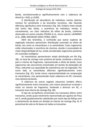 Estudos ecológicos na Ilha de Santa Catarina
Ecologia de Campo UFSC 2011
247
borda, correlacionando-se significativamente com a cobertura do
dossel (ρ = 0,65, p ≤ 0,05).
A distribuição de abundância de indivíduos mortos (plantas
mortas) foi semelhante à de bromélias terrestres, não havendo
diferença significativa entre transectos (Fig. 3A). Embora neste estudo
não tenha tido efeito, a ocorrência de indivíduos mortos é,
normalmente, um claro indicativo do efeito de borda, conforme
observado em outros estudos (TSUDA et al., nesse volume; LAURANCE
et al., 2006, MICHALSKI; NISHI; PERES, 2007).
Além das bromélias, é conhecido que outras espécies de
vegetação arbustiva apresentam distribuição associada ao efeito de
borda, tais como as marantáceas e as samambaias. Esses organismos
estão relacionados à ocorrência de clareiras, devido à necessidade de
maior disponibilidade de luz, sendo considerados organismos pioneiros
em sucessões ecológicas.
As marantáceas apresentaram ampla distribuição em RA (Fig.
3B), no local de restinga mais próximo da borda, tendendo a diminuir
para o interior do fragmento, representando o efeito de borda. Esses
organismos são comumente encontrados em bordas de plantações de
Pinus, indicando sua capacidade de coexistência com tal vegetação. Por
outro lado, as samambaias diferiram significativamente entre
transectos (Fig. 3C), tendo menor representatividade em comparação
às marantáceas, mas apresentando maior cobertura em RC, transecto
mais distante da borda.
A cobertura de outros vegetais arbustivos também diferiu
significativamente entre transectos, com menor percentual na borda e
maior no interior do fragmento, tendendo a diminuir em RC, o
transecto mais interno da restinga (Fig. 3D).
O tipo de serrapilheira encontrada nos transectos diferiu entre
transectos, sendo quase totalmente representado por agulhas de Pinus
em P, sendo gradativamente substituídas por outro tipo de folhiço com
o afastamento da borda em direção ao interior da restinga (Fig. 4). O
percentual de solo nu foi baixo em todos os transectos.
 