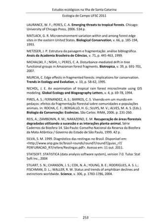 Estudos ecológicos na Ilha de Santa Catarina
Ecologia de Campo UFSC 2011
253
LAURANCE, W. F.; PERES, C. A. Emerging threats to tropical forests. Chicago:
University of Chicago Press, 2006. 534 p.
MATLACK, G. R. Microenvironment variation within and among forest edge
sites in the eastern United States. Biological Conservation, v. 66, p. 185-194,
1993.
METZGER, J. P. Estrutura da paisagem e fragmentação: análise bibliográfica.
Anais da Academia Brasileira de Ciências, v. 71, p. 445-463, 1999.
MICHALSKI, F.; NISHI, I.; PERES, C. A. Disturbance-mediated drift in tree
functional groups in Amazonian forest fragments. Biotropica, v. 39, p. 691-701,
2007.
MURCIA, C. Edge effects in fragmented forests: implications for conservation.
Trends in Ecology and Evolution, v. 10, p. 58-62, 1995.
NICHOL, J. E. An examination of tropical rain forest microclimate using GIS
modeling. Global Ecology and Biogeography Letters, v. 4, p. 69-78, 1994.
PIRES, A. S.; FERNANDEZ, A. S.; BARROS, C. S. Vivendo em um mundo em
pedaços: efeitos da fragmentação florestal sobre comunidades e populações
animais. In: ROCHA, C. F.; BERGALLO, H. G.; SLUYS, M. V.; ALVES, M. A. S. (Eds.).
Biologia da Conservação: Essências. São Carlos: RIMA, 2006. p. 231-260.
REIS, A.; ZAMBONIN, R. M.; NAKAZONO, E. M. Recuperação de áreas florestais
degradadas utilizando a sucessão e as interações planta-animal. Série
Cadernos da Biosfera 14. São Paulo: Conselho Nacional da Reserva da Biosfera
da Mata Atlântica / Governo do Estado de São Paulo, 1999. 42 p.
SILVA, S. M. 1999. Diagnóstico das restingas no Brasil. Disponível em:
<http://www.anp.gov.br/brasil-rounds/round7/round7/guias_r7/
PERFURACAO_R7/refere/Restingas.pdf>. Acesso em: 11 out. 2011.
STATSOFT. STATISTICA (data analysis software system), version 7.0. Tulsa: Stat
Soft Inc., 2004
STUART, S. N.; CHANSON, J. S.; COX, N. A.; YOUNG, B. E.; RODRIGUES, A. S. L.;
FISCHMAN, D. L.; WALLER, R. W. Status and trends of amphibian declines and
extinctions worldwide. Science, v. 306, p. 1783-1786, 2004.
 